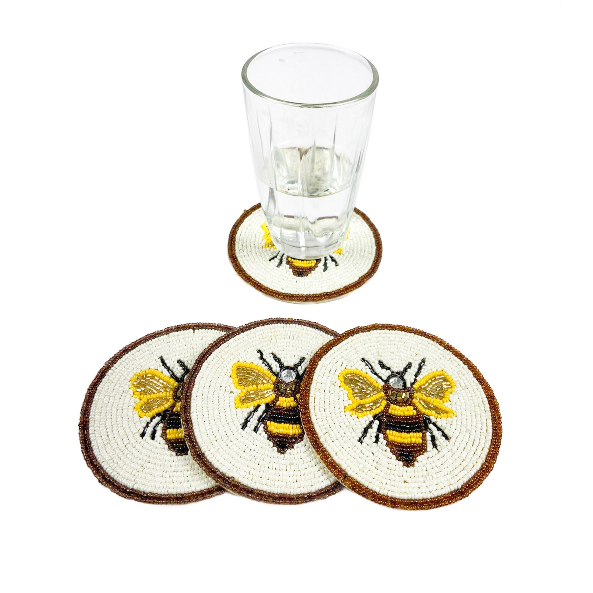 Beaded Embroidered Honey Bee Design Coaster Set of Four